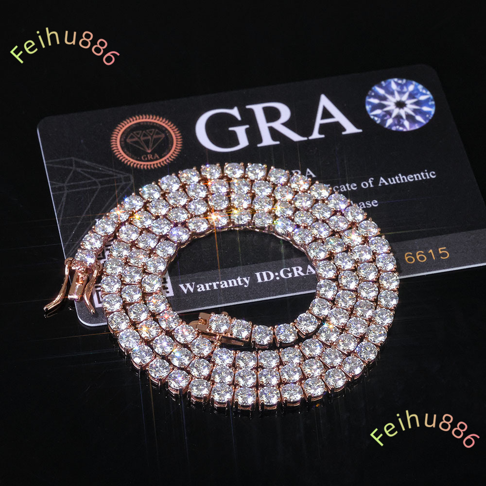 Sparkling VVS Moissanite Hip Hop Tennis Chain Necklace 925 Silver Rose Gold Plated Iced Out Cut Jewelry Womens Anniversary