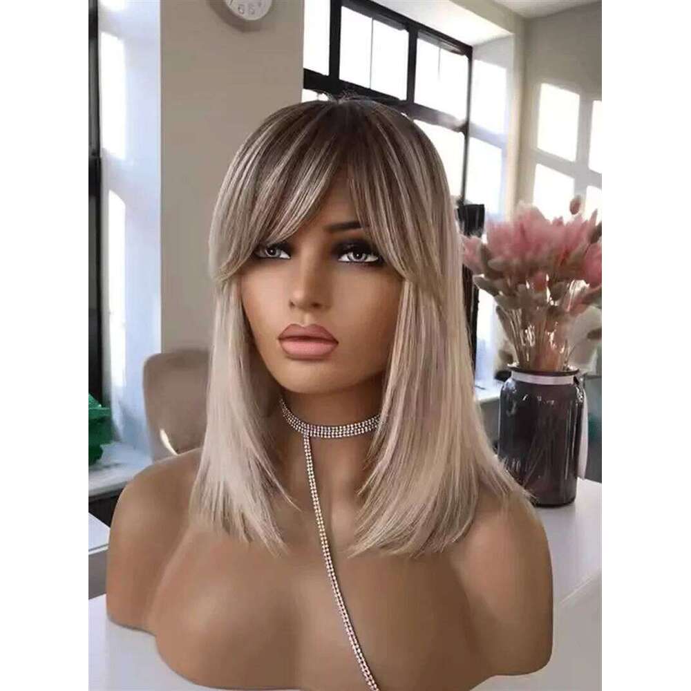 Layered Platinum Brown With Bangs Lace Front Wig Long Straight 16 Inches Synthetic Wigs For Women Daily Use