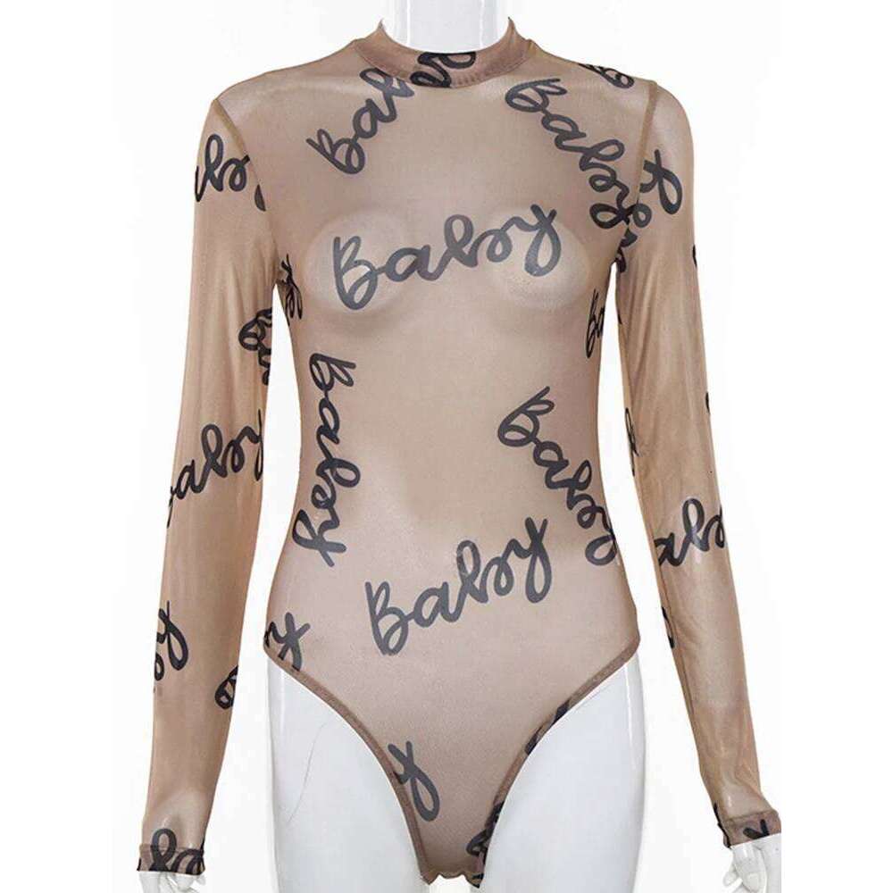 2023 Summer Sexy Letter Print Transparent Mesh Bodysuits Long Sleeve See Through Baby Bodycon Rompers Women Jumpsuits