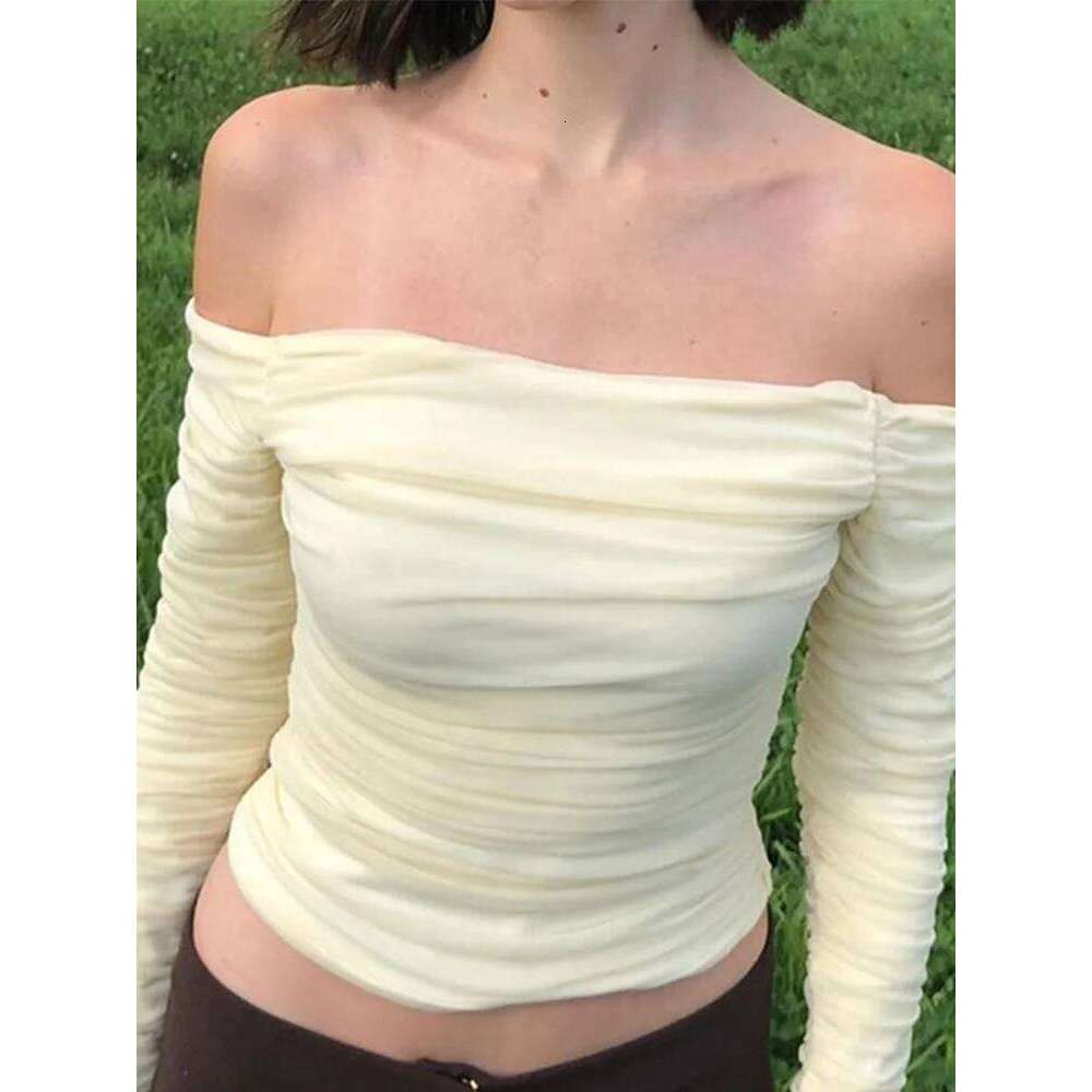 Mesh Patchwork Women Long Sleeve Crop T Shirt Ruched Off Shoulder Bodycon Sexy Elegant Streetwear 2024 Spring Summer