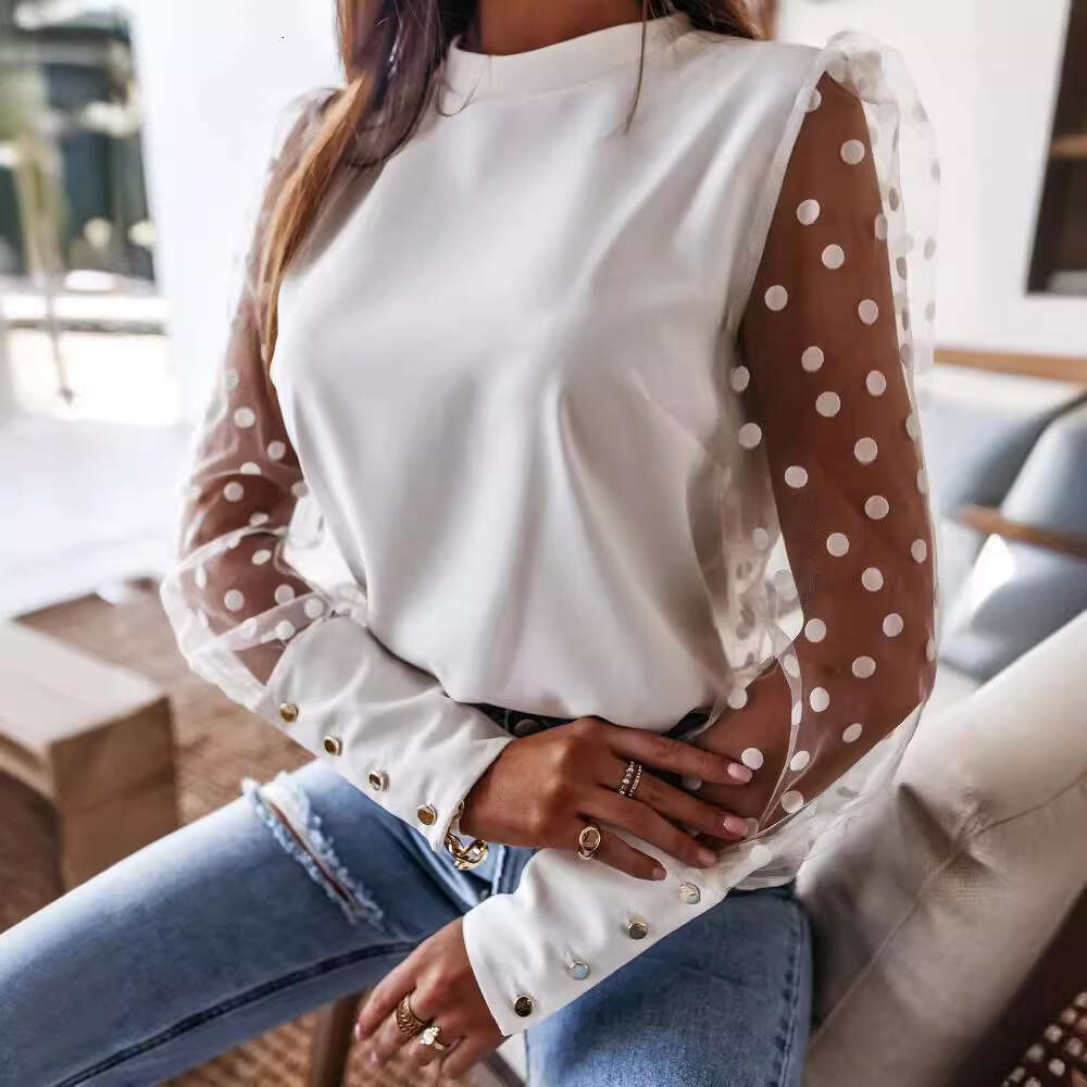 2026 Foreign Trade Women's Fashion European and American Cross-Border Spring Summer Solid Color Mesh Patchwork Long Sleeve T-Shirt