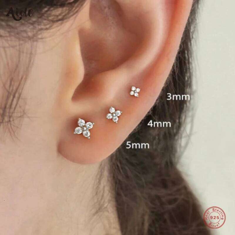 Aide 925 Sterling Silver 3pcs Set 3/4/5mm Clover Mini Flower Zircon Bar Piercing Stub Earring For Women Minimalist Jewelry Party