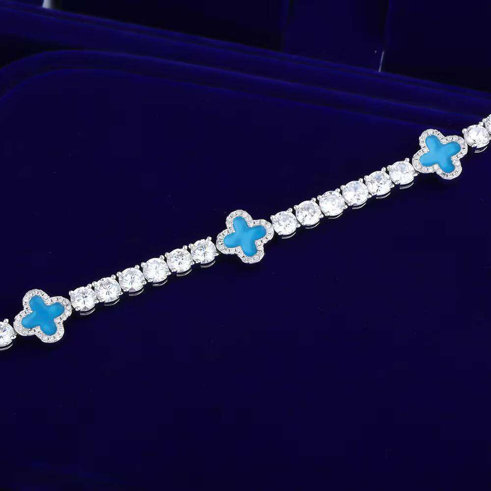 DE Hiphop Dazzling Fashion Brass Jewelry Iced Gold Plated Pearl Enamel Flower VVS Moissanite Tennis Chain Bracelet