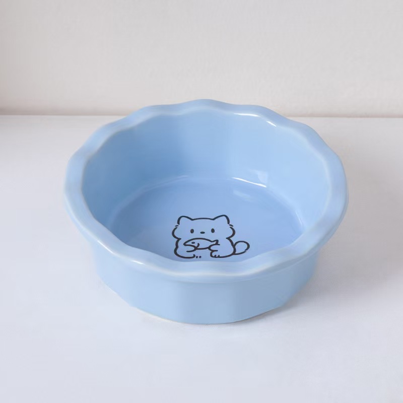 H2085 Splash-proof and non-slip ceramic cat bowl - cute cat paw and fishbone design