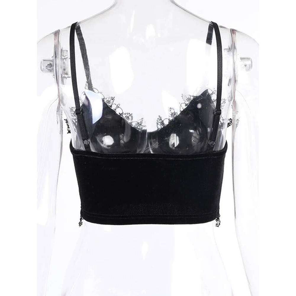 Velvet Y2K Mall Goth Black Lace Trim Emo Alternative Aesthetic Crop Tops Women Backless Sexy Strap Tanks