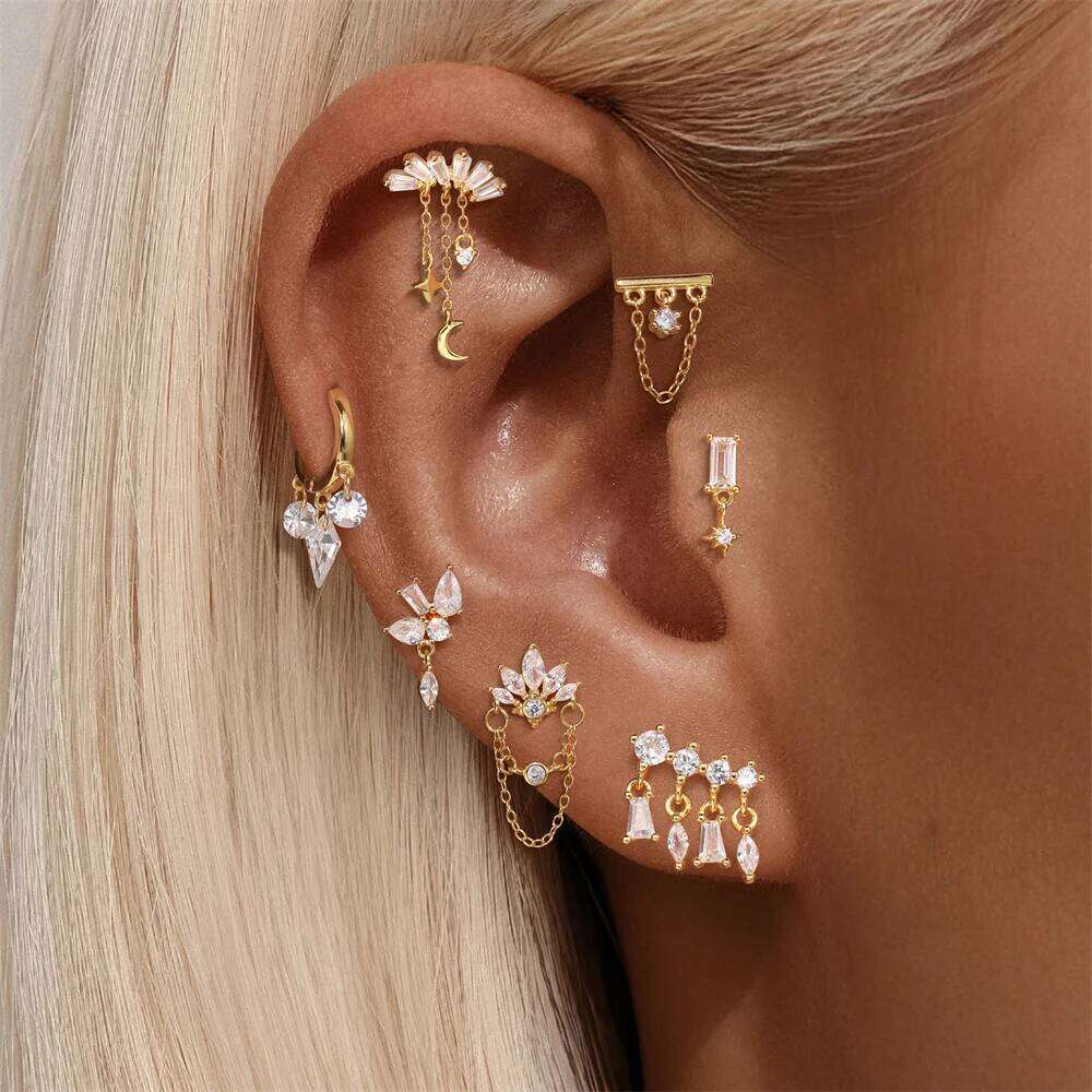 Aide 1pc 925 Silver Chains Flower Studs Women 18K Gold Flat Head Threaded Puncture Ear Bone Tassel Charm For Earring Jewelry