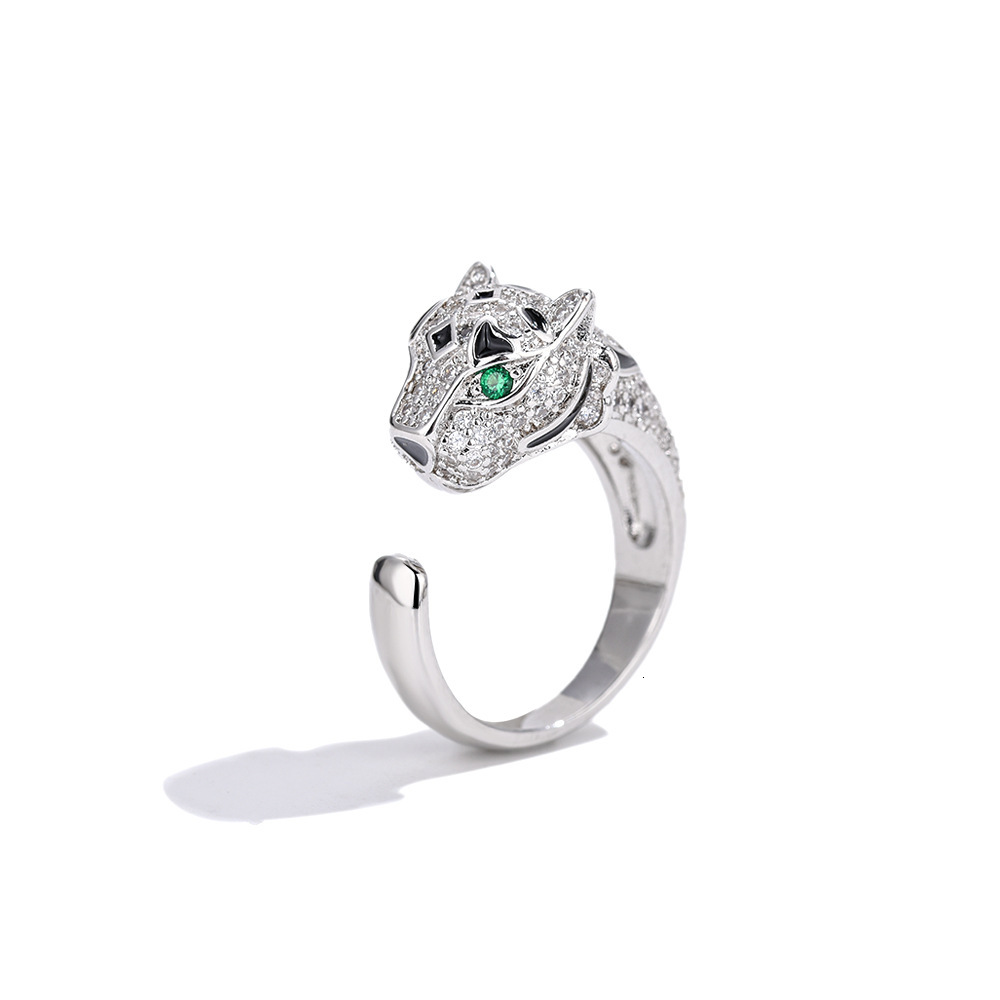 Luxury Brand Designer Jewelry Exquisite European And American Style Full Diamond Green-Eyed Leopard Head Ring For Women With Elegant And Fashionable P