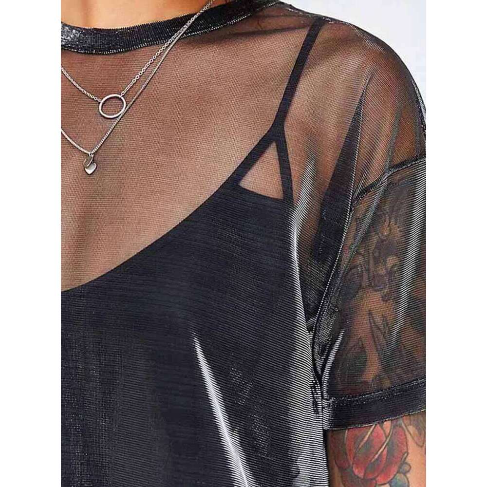 Sexy Mesh Blouse 2025 Summer See-Through Shirts Short Sleeve Perspective Shine Casual Women Tops Lady Vintage Blusas
