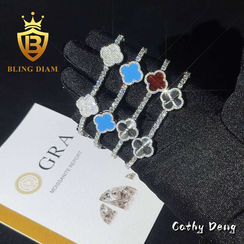 2024 New Fashion Clover Tennis Chain 925 Sterling Silver 3mm VVS Moissanite Bracelet Pass Diamond test