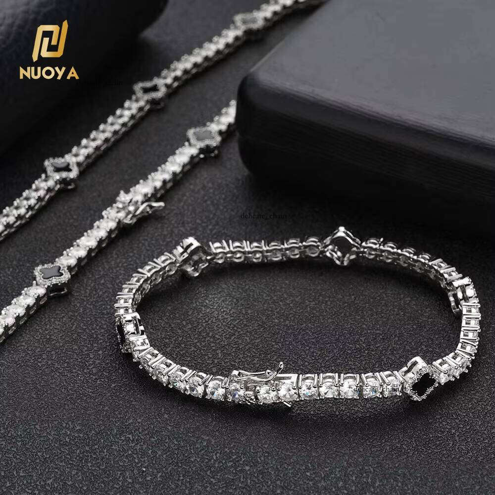 NUOYA Fashion Hiphop Jewelry Four-leaf Clover Tennis Choker Women White Gold Iced Out Cubic VVS Moissanite Chain Necklace