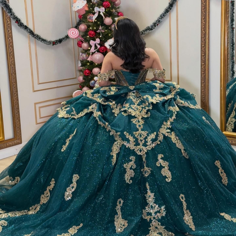 Dark Green Shiny Quinceanera Dresses Off Shoulder Ball Gown Sweet 16 Dress Gold Applique Lace Beading Crystal Bow Birthday Party Vestidos 15 De Anos