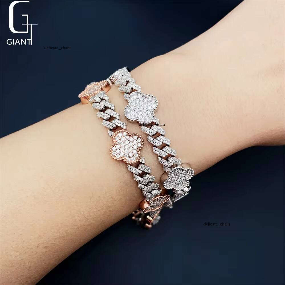 Fashion Four-Leaf VVS Moissanite Cuban Chain 925 Iced Rose Gold + Silver Hip-Hop Necklace Bracelet Best Gift