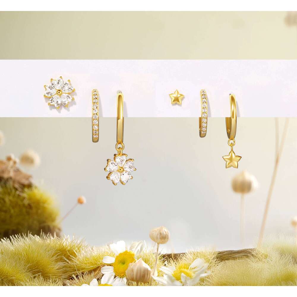 Aide 4pcs Real 925 Sterling Silver Women's Zircon Hoop Earring Delicate Handmake Daily Wear Studs Accessory Fine Jewelry Set