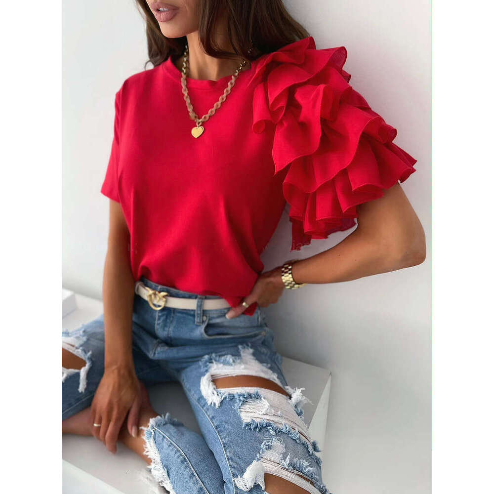 2026 Summer Simple Fashion Ruffled Short Sleeve Round Neck Women's T-Shirt European and American Style