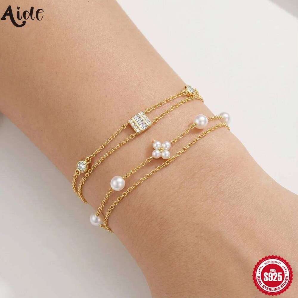 Aide Girls Chain for Women 925 Sterling Silver Double Layer Bracelet Exquisite Pearl Zircon Xmas Party Gifts Jewelry