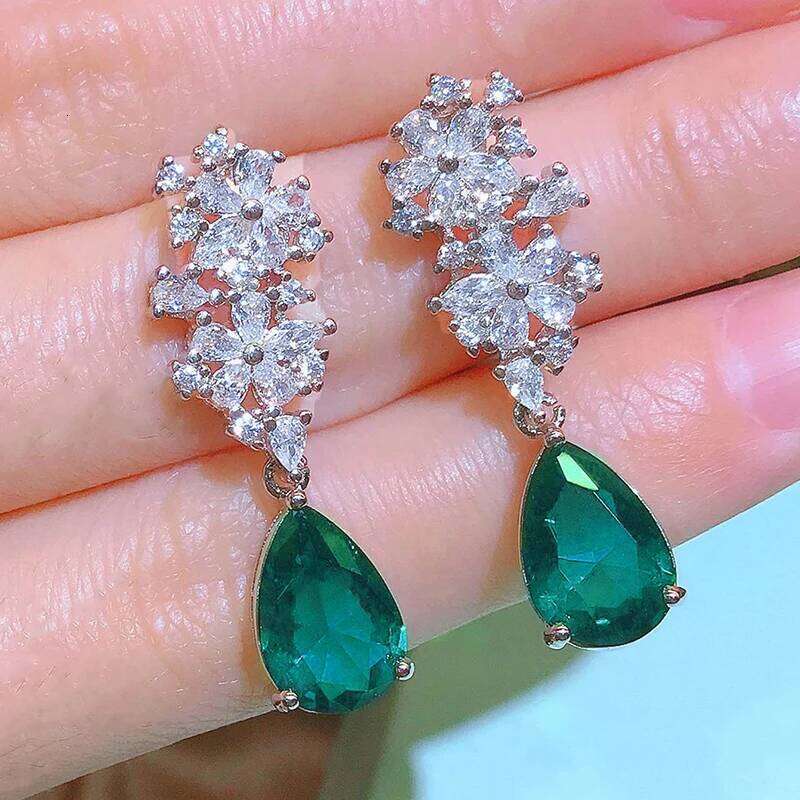 Huitan Gorgeous Flower Dangle with Waterdrop Green Cubic Zircon Luxury Wedding Bridal Earrings Trendy Jewelry for Women