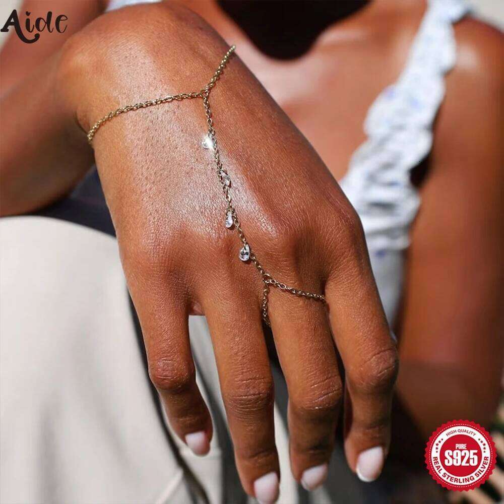 Aide S925 Sterling Silver Dainty Bare Zircon Pendant Finger Bracelet - Elegant Adjustable Sparkling Chain for Women Jewelry