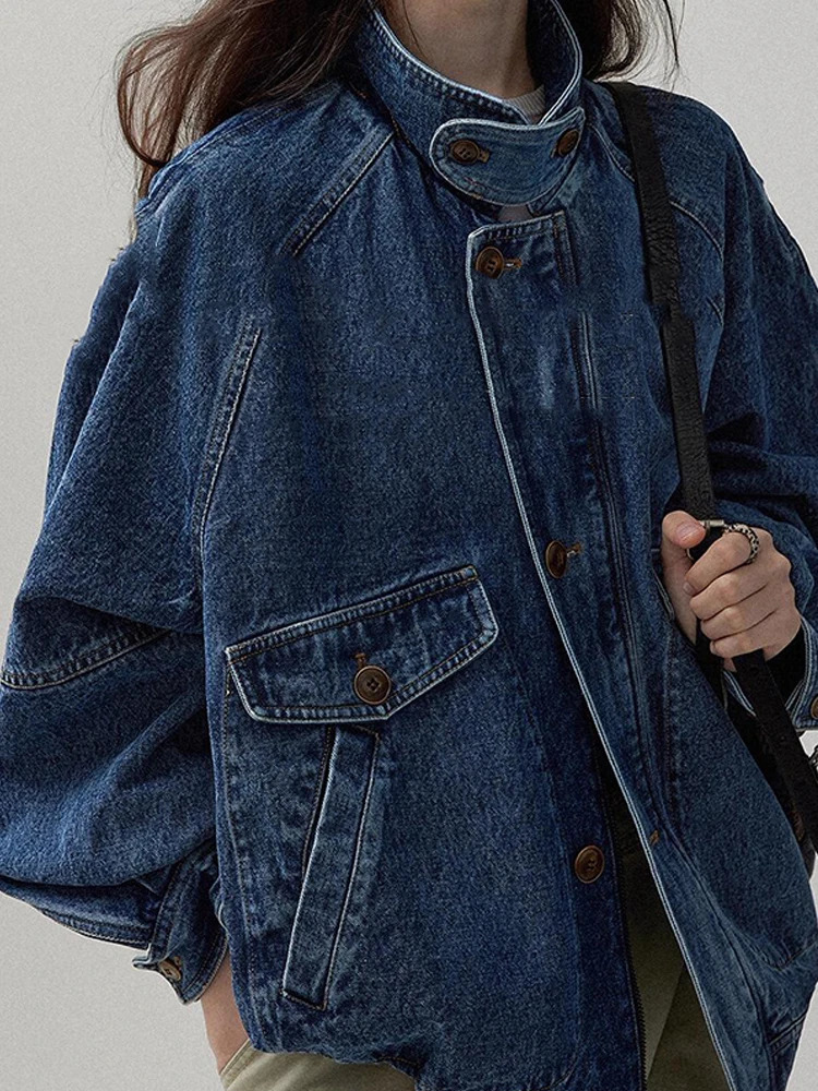 American Vintage Loose Denim Jacket Women Stand Collar Blue Workwear Streetwear Spring Autumn Cargo Jeans Coat Outerwear 251231