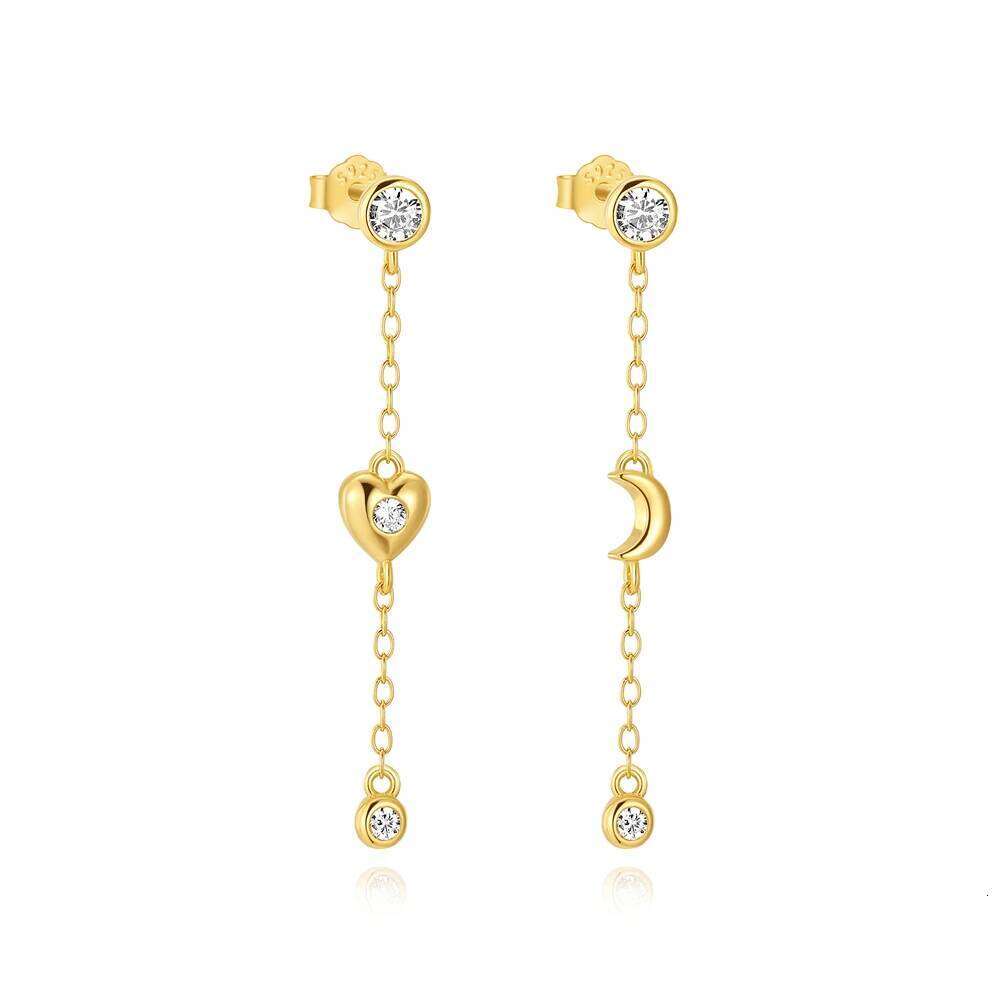 Aide 925 Sterling Silver Crystal Zirconia Moon Heart Stud Earrings Delicate Chain Dangles Ear Buckle Cartilage Piercing Jewelry