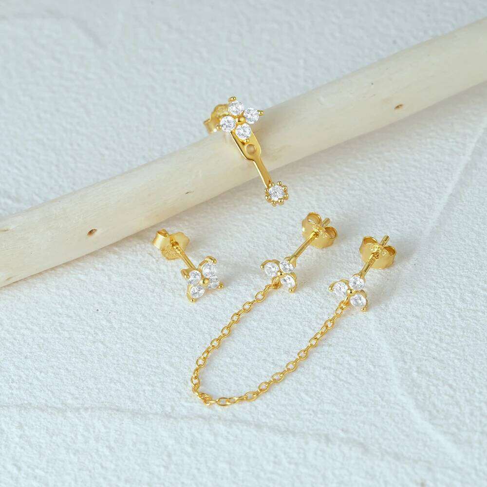Aide 925 Sterling Silver 3pcs Set Two Stud Tassel K Gold Chain Flower Zircon Earrings For Women Fine Jewelry Valentine Day Gift