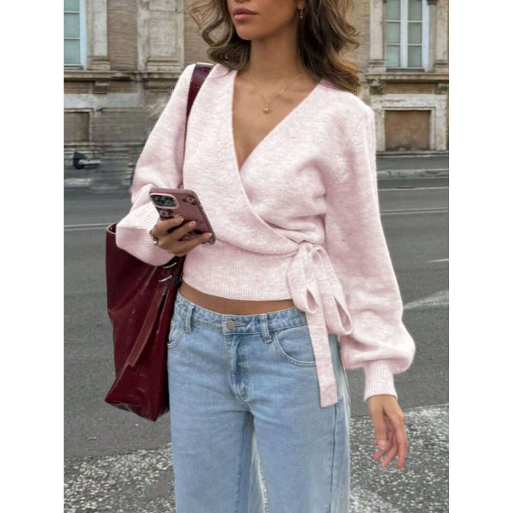 European and American Style Cross V-Neck Knitted Base Shirt Autumn Winter Irregular Tie Elegant Short Top for Women