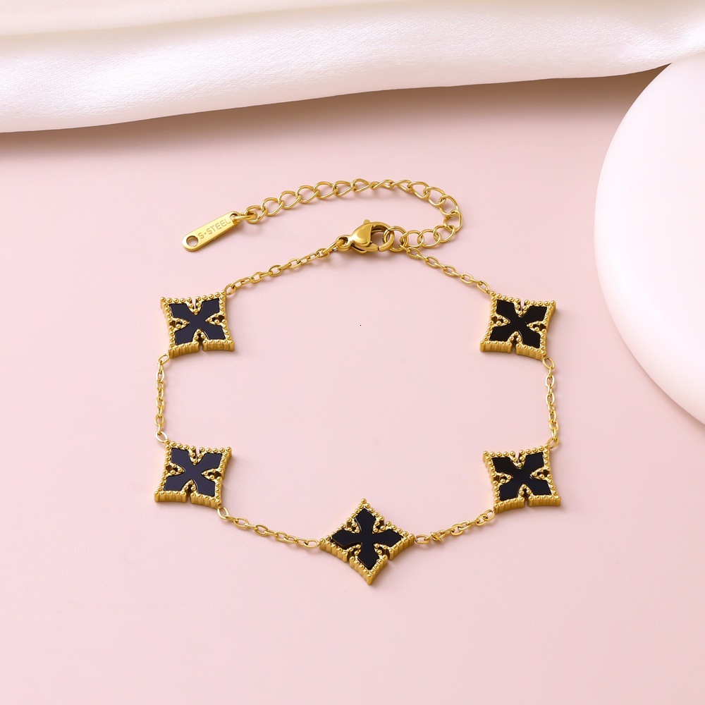 Luxury Brand Designer Jewelry Stainless Steel Single-Sided Heart-Shaped Rhombus Four-Corner Mother-Of-Pearl Bracelet Light Luxury High-End Exquisite F