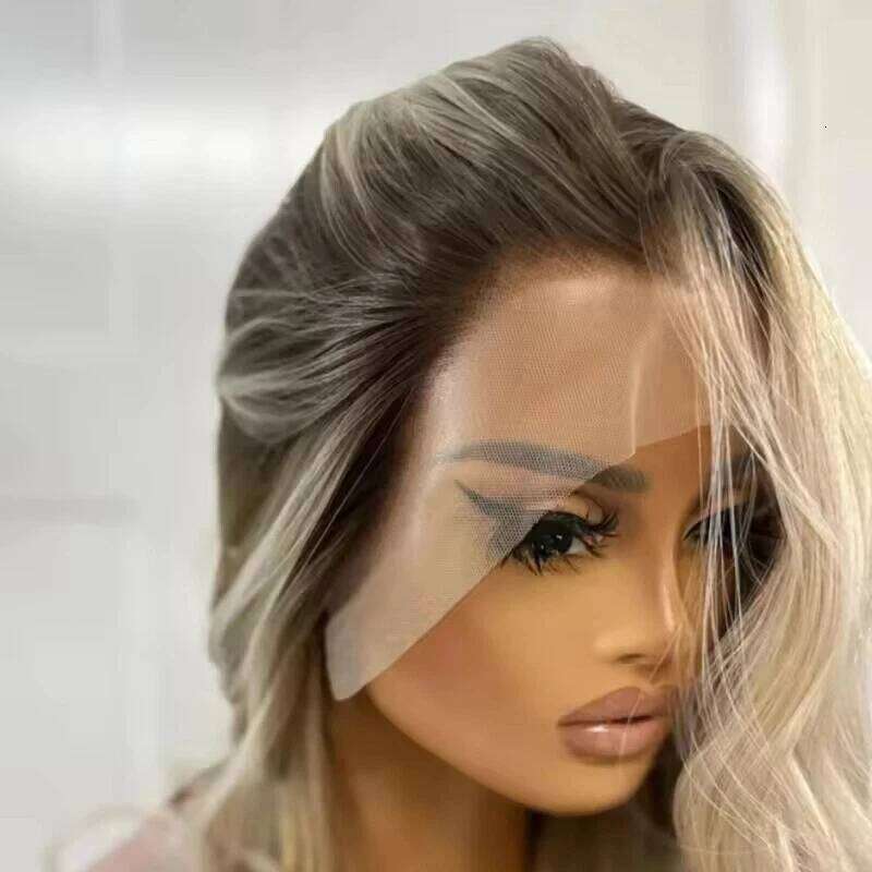 28 Inch Long Body Wave Synthetic Wig Mixed Brown and Platinum Blonde Color Ombre Lace Front Wigs for Women Blend European Hair