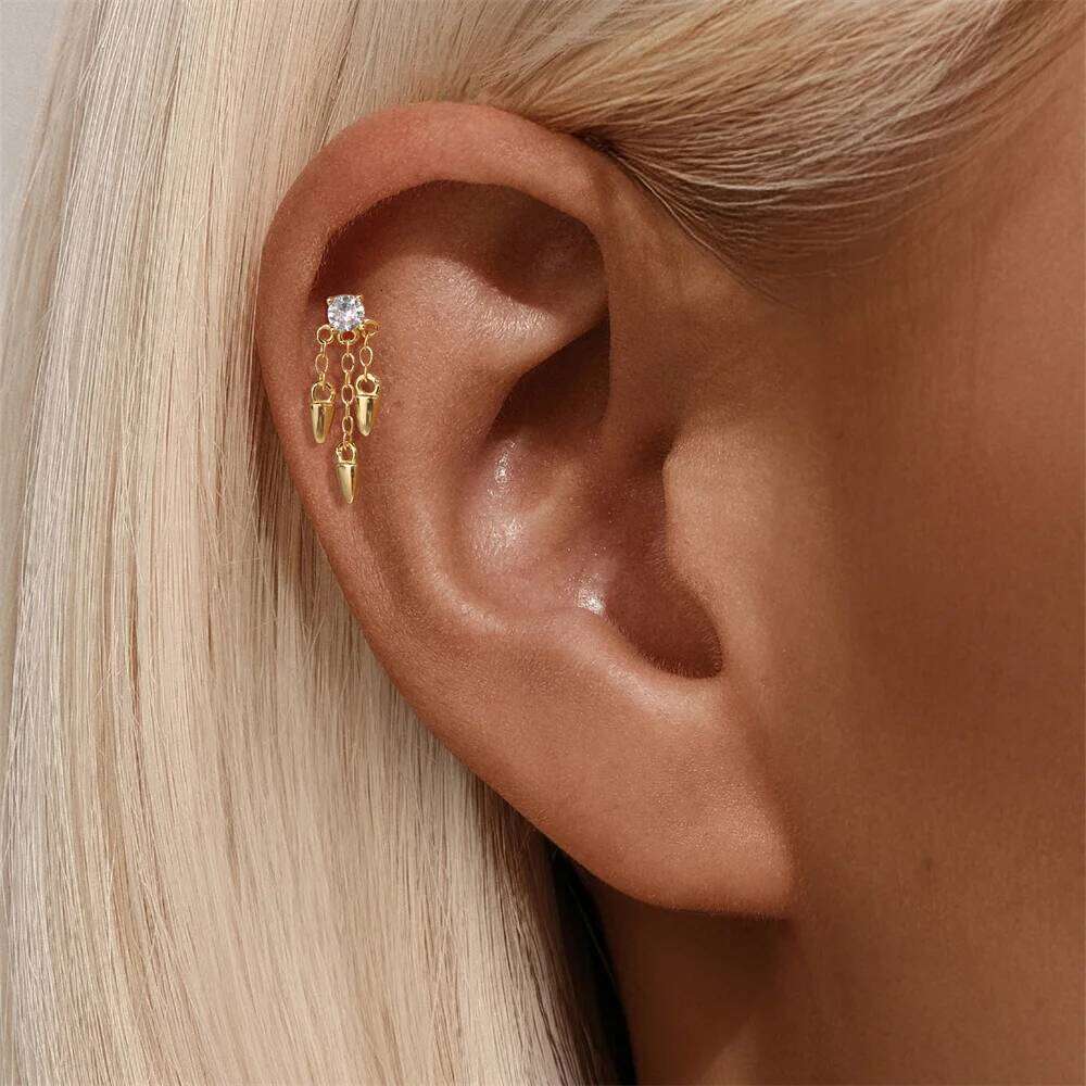 Aide S925 Sterling Silver Tassel Threaded Piercing Stylish Zircon Dangle Cartilage Ear Studs Earrings Jewelry for Women