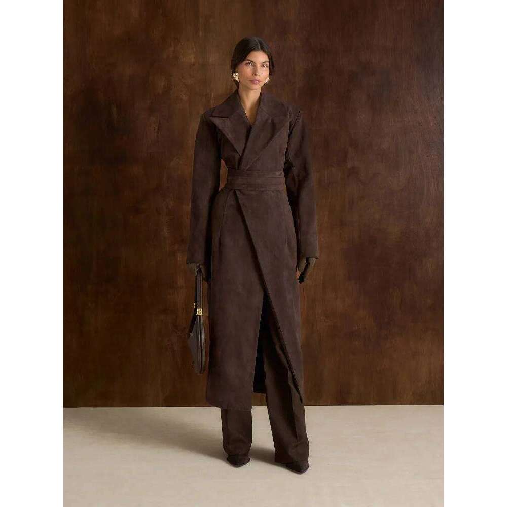Elegant Women's Belted Long Coat Faux Suede Self-Tie Waist Jacket Formal Chic Maxi Overcoat Outerwear Vintage High Street Outfit