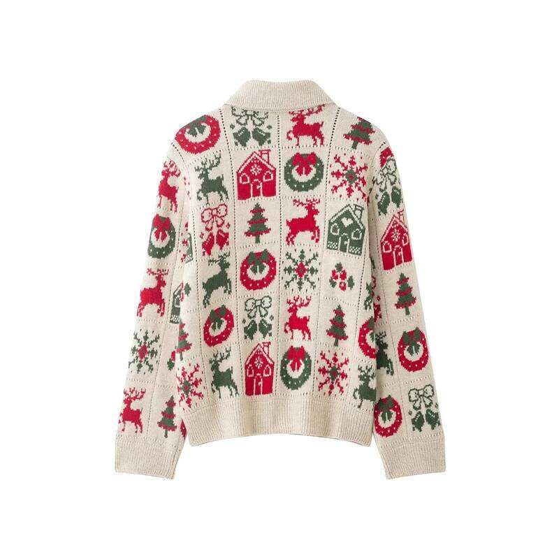 Vintage Christmas Pattern Cardigan For Women, Cute Reindeer Tree Knitted Jacket, Casual Button-Down Collared Sweater Coat