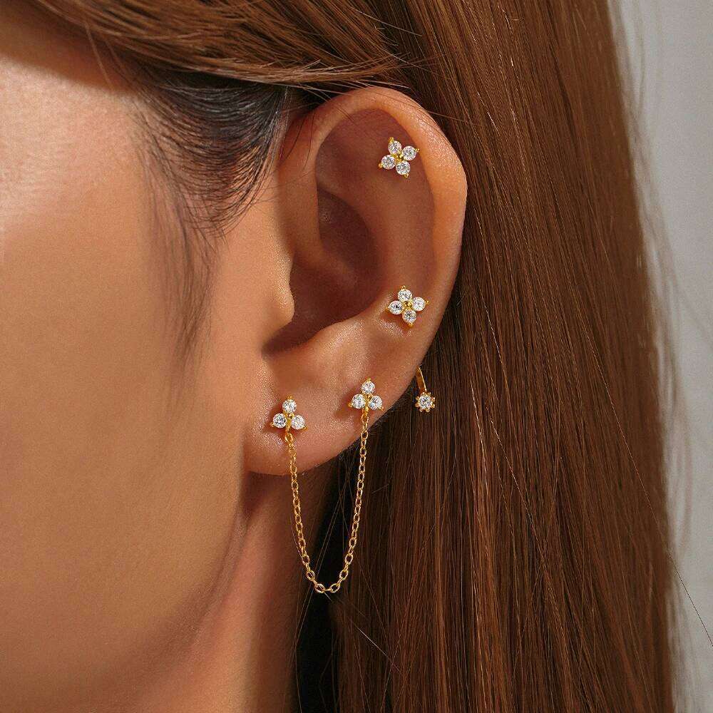 Aide 925 Sterling Silver 3pcs Set Flower Zircon Two Stud K Gold Chain Tassel Piercing Earrings For Women Luxury Jewelry Gift