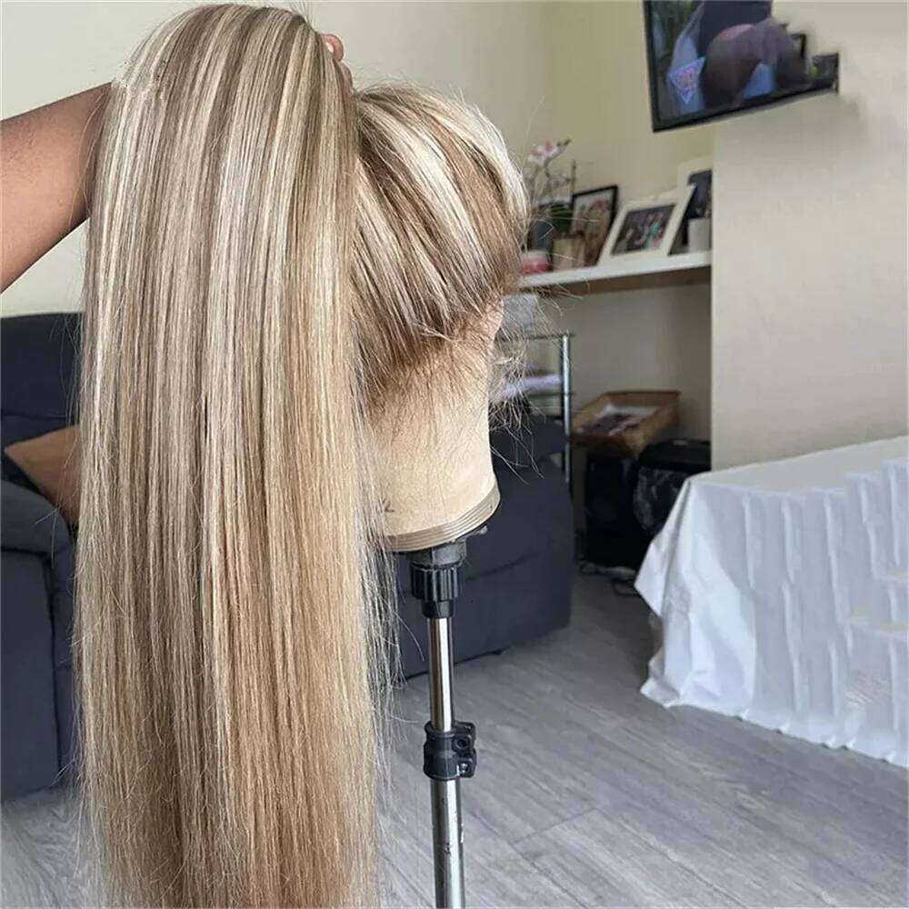 Synthetic Lace Front Pre Plucked Natural Hairline Straight Wigs Ash Roots Blonde Highlights Free Part Ponytail Wig for Girls