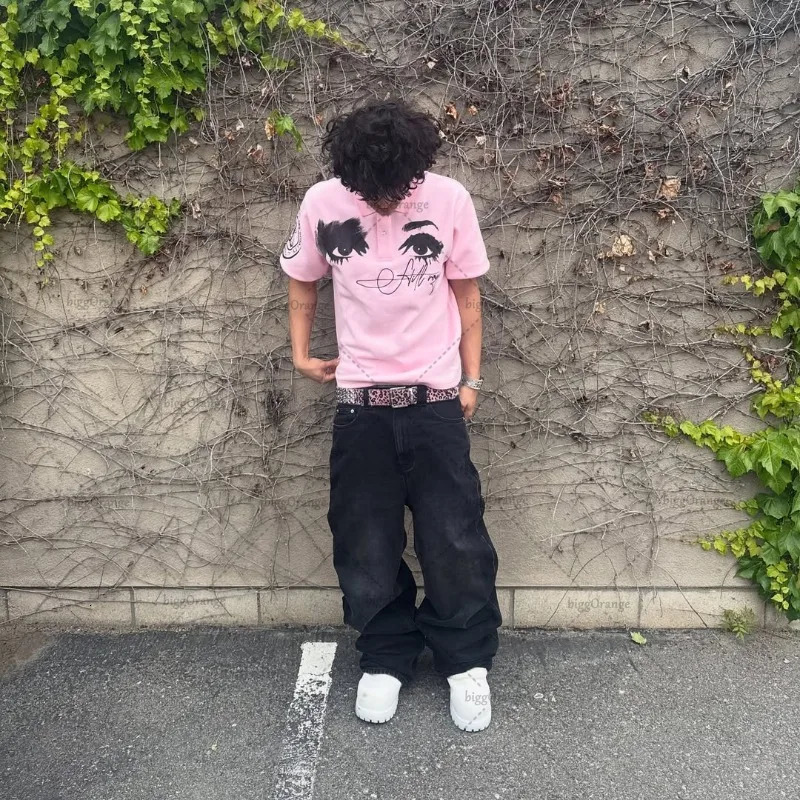 High Street Retro Y2K Harajuku Streetwear Men Hip-hop Punk Trendy Classic Polo Shirt Gothic Casual Loose Lapel Top 251230