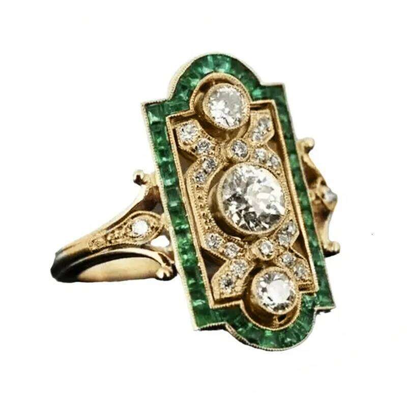 Huitan Geometric Shaped Women Rings Gold Color Green/White Cubic Zirconia Simple Elegant Lady Accessories Party Vintage Jewelry