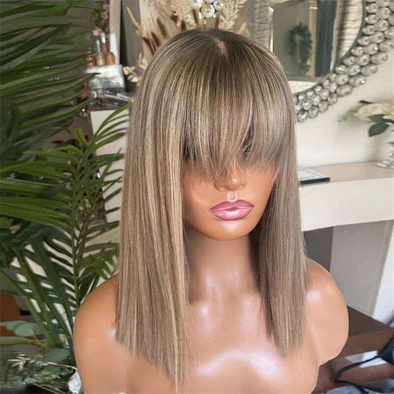 New Fashion Short Bob Wigs Bangs Synthetic Hair as Realistic wigs woman with Natural Roots Lace Part Wig Glueless Sale