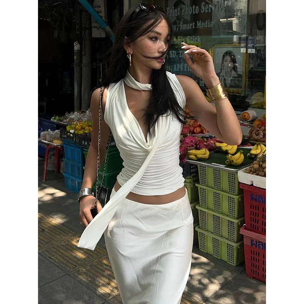 Solid Summer New Women Sexy Sleeveless V-Neck Lady Top Fashion Bandage Streetwear Casual Slim Tank Elegant Knitted Clothing