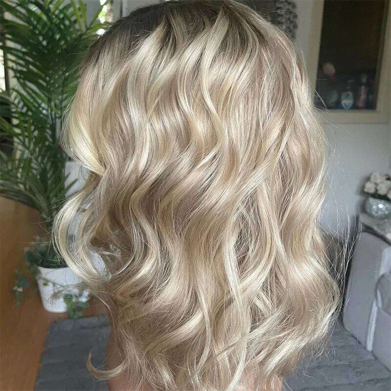 Honey Platinum Blonde Lace Frontal Wigs 13x4 Short Medium Woman"s Wig Glueless Loose Deep Synthetic Mix 5% Human Hair