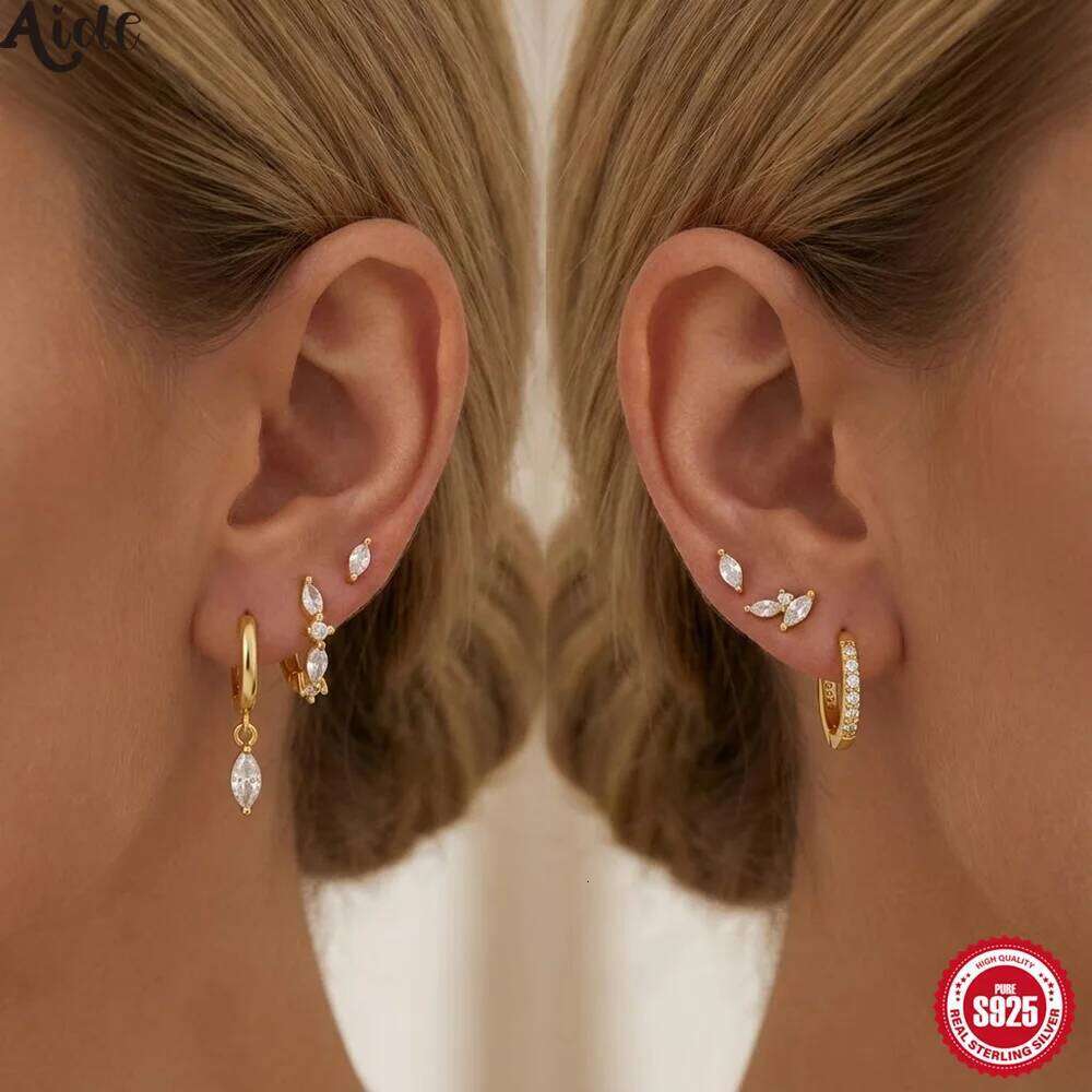 Aide 3pcs/ Set S925 Sterling Silver Leaf Clear Zircon Piercing Earrings for Women Gold Ear Buckles Jewelry Brincos Pendientes