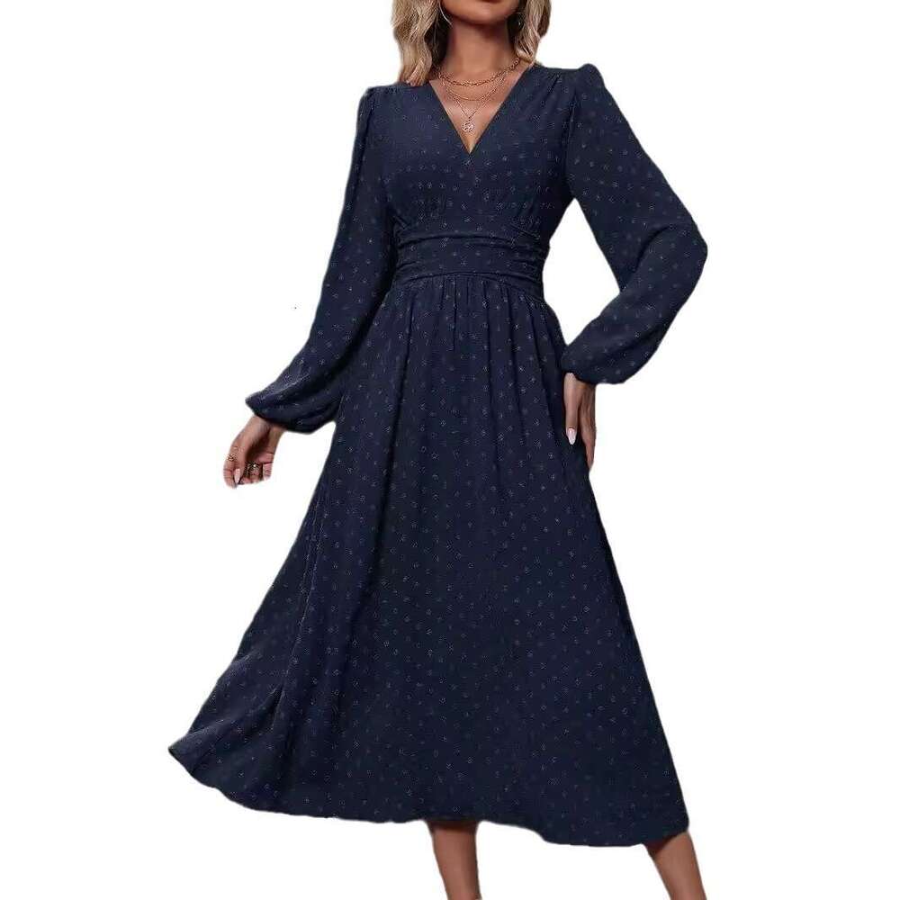 Autumn and Winter New Style Medium Pom-Pom Asymmetrical Neck Lantern Sleeve Ruched Waist Dress