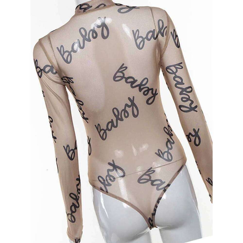 2023 Summer Sexy Letter Print Transparent Mesh Bodysuits Long Sleeve See Through Baby Bodycon Rompers Women Jumpsuits