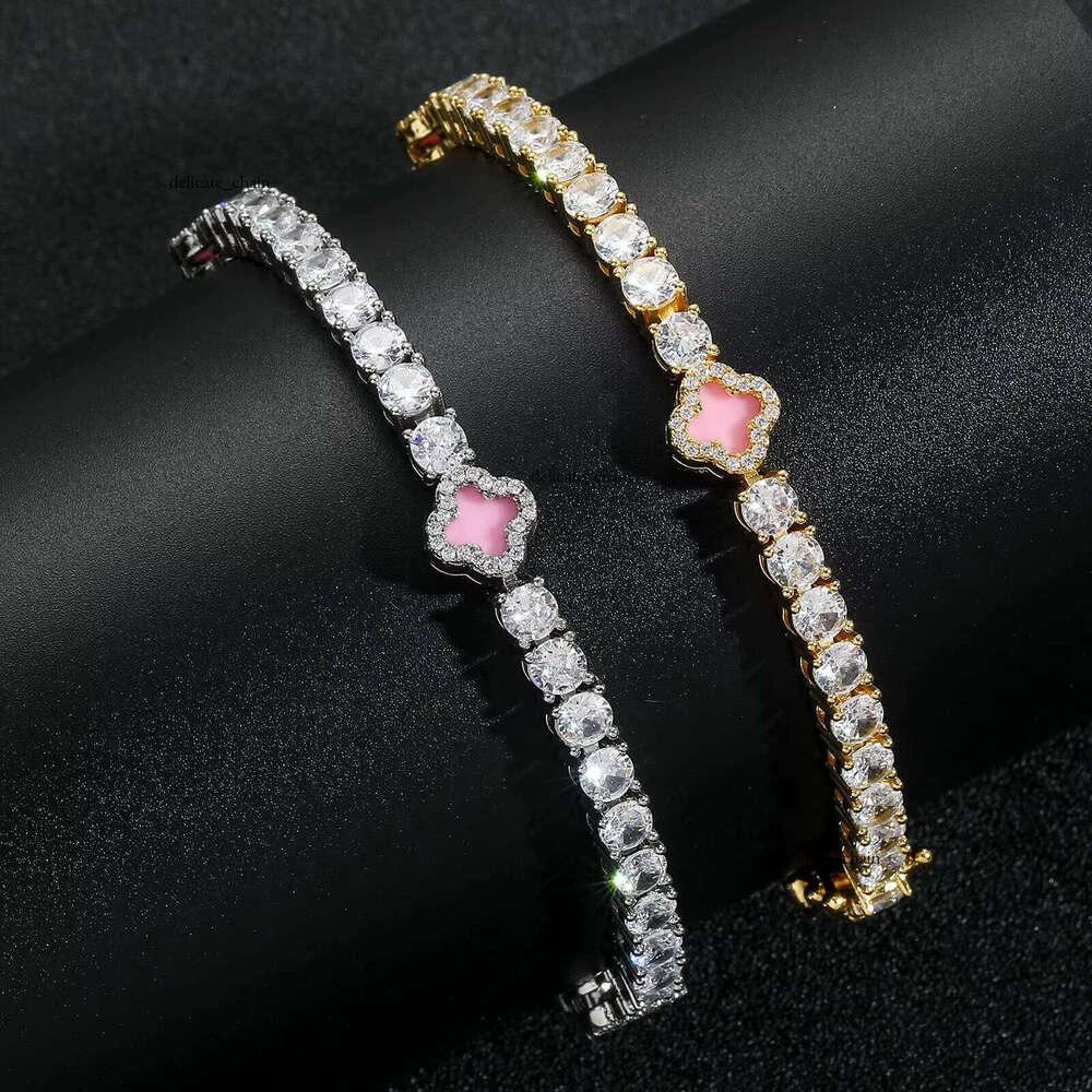 VVS Moissanite 4mm Flower Chain Bracelet Gold Plated Ice CZ Hip Hop Tennis Necklace Women's Fashion Jewelry