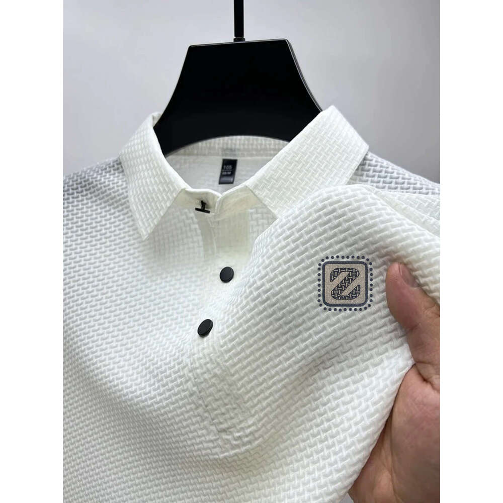 European and American INS Cross-Border High-End Mesh Ice Silk Short Sleeve T-Shirt Men's Shirt Collar Summer Solid Color Polo Breathable Lightwei
