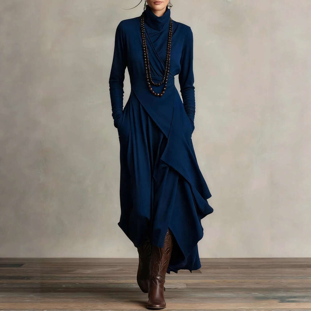 2026 European Size Women's Clothing Autumn Solid Color Sleeve Cross High Neck Long Dress