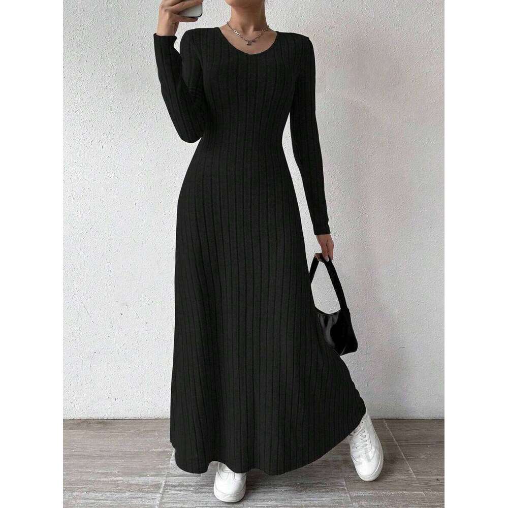 European and American Cross-Border Slim Fashion Women's Knitted Solid Color Sleeve A-Line Street Long Dress for Women