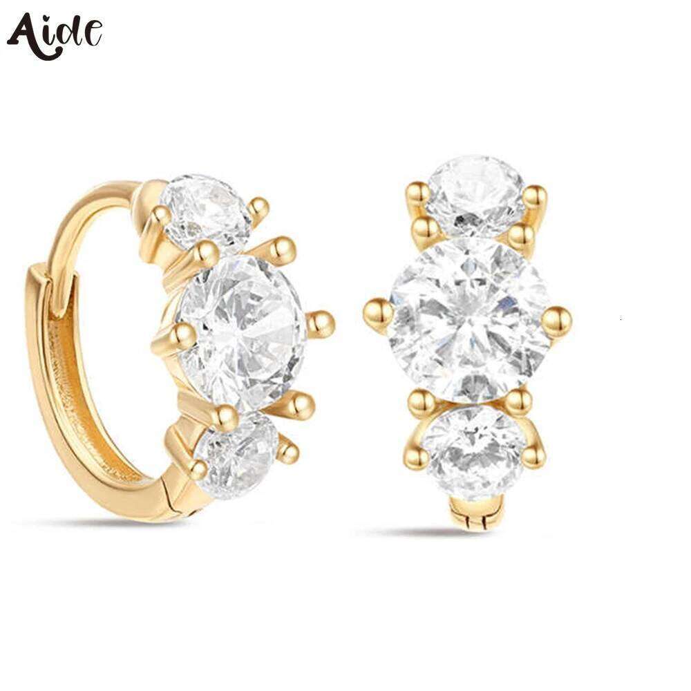 Aide 1pc 100% Real 14K Yellow for Women Love Heart Hoop Earring Romantic Solid Gold Zircon Small Huggie Jewe