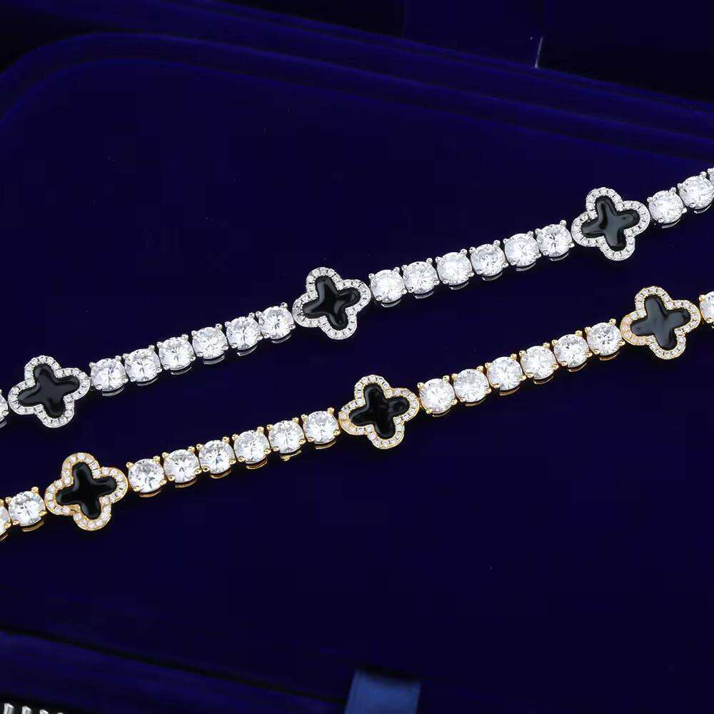 DE Hiphop Dazzling Fashion Brass Jewelry Iced Gold Plated Pearl Enamel Flower VVS Moissanite Tennis Chain Bracelet