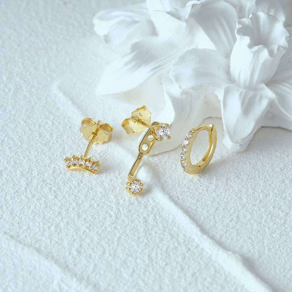 Aide 3PCs/set 925 Sterling Silver Round Zircon Piercing Stud Earrings For Women Minimalist Gold Pendientes Hoops Jewelry Set