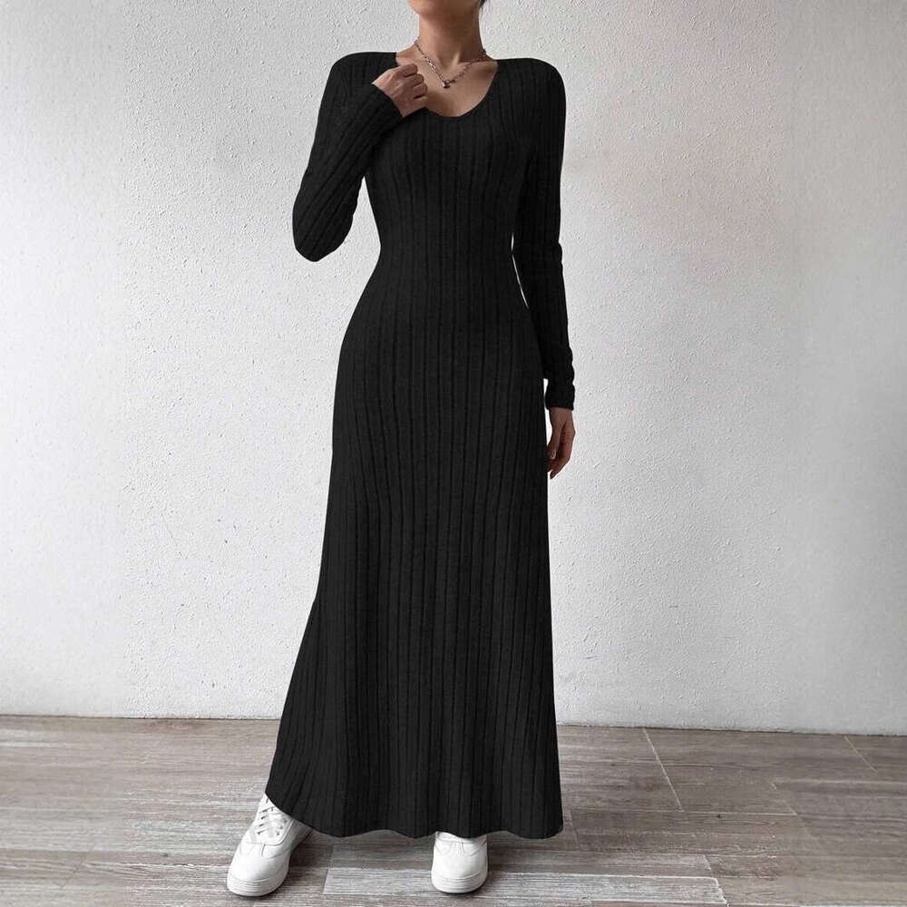 European and American Cross-Border Slim Fashion Women's Knitted Solid Color Sleeve A-Line Street Long Dress for Women
