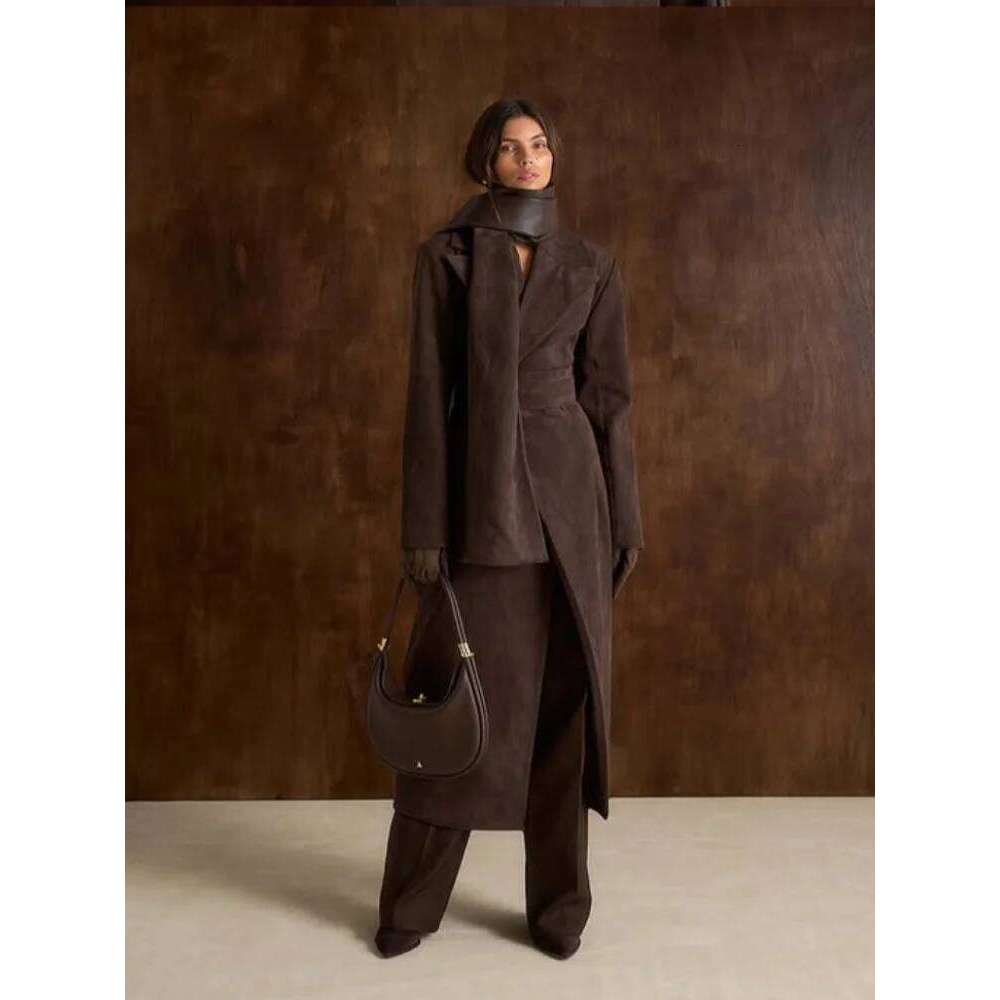 Elegant Women's Belted Long Coat Faux Suede Self-Tie Waist Jacket Formal Chic Maxi Overcoat Outerwear Vintage High Street Outfit