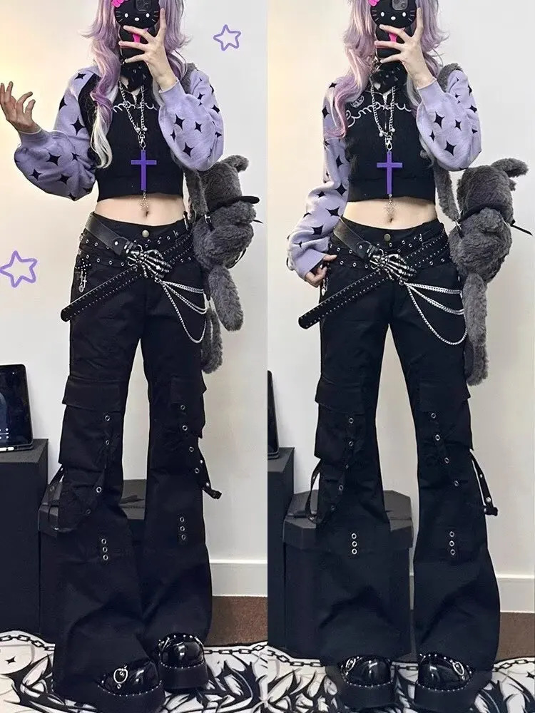 punk dark trumpet work pants jeans womens college Y2k pocket street wear black Gothic Harajuku low rise printed denim 251231